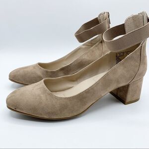 Mountain Sole Mickey Taupe Suede Chunky Heel‎ w/Back Zip and Elastic Ankle Strap